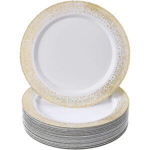 DISPOSABLE SIDE PLATES | 20 pc | Heavy Duty Plastic Dishes t – White/Gold 7.5”